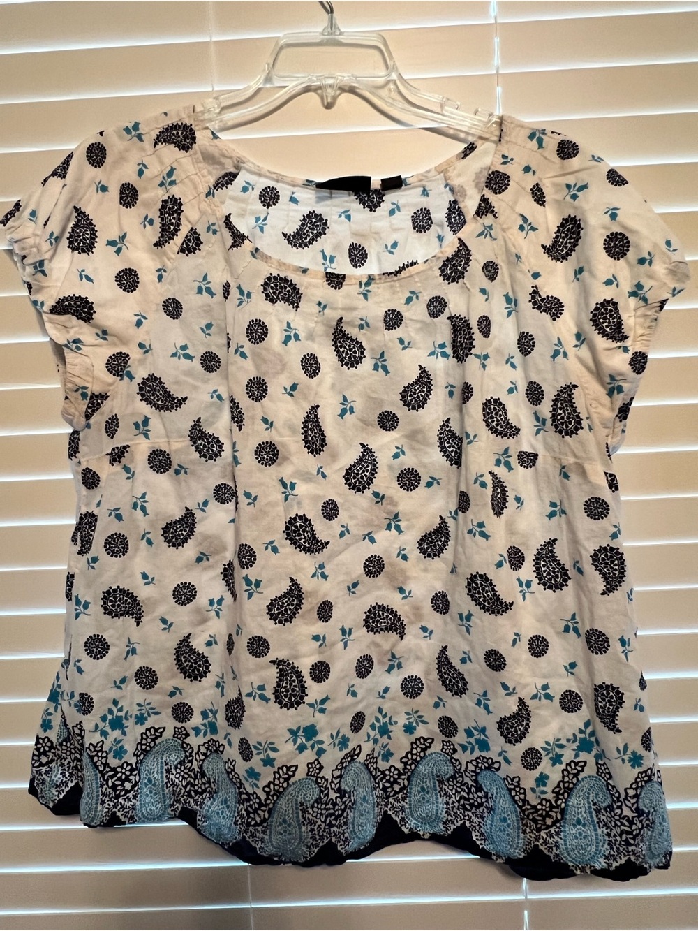 Avenue White Blouse with Black Paisley and Teal Accents